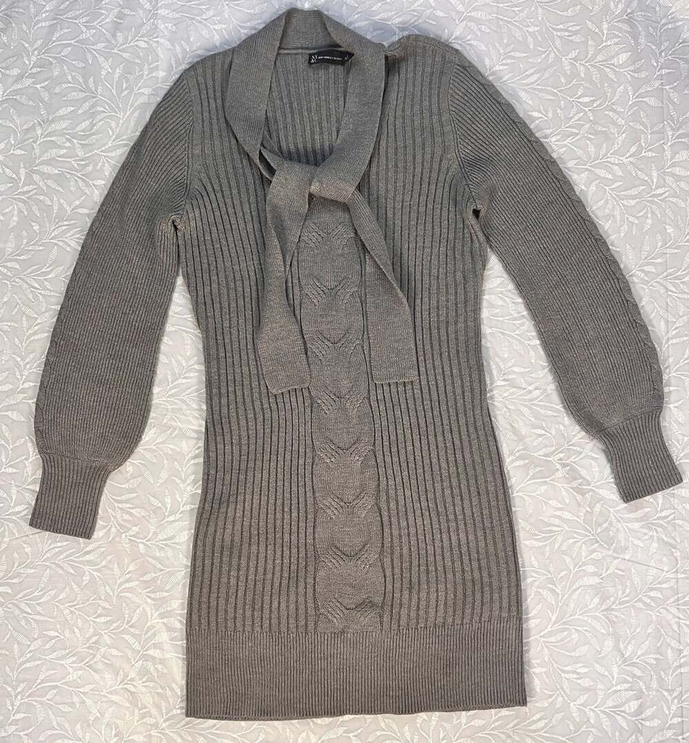 New York & Company Gray Ribbed Cable Knit Sweater Dress with Scarf Tie Size L